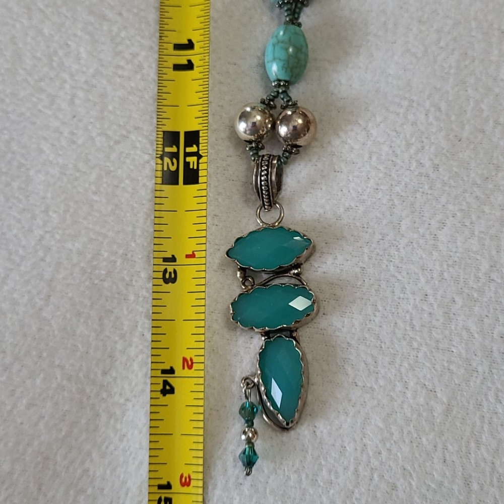Handcrafted Necklace Unique Design Turquoise Stone Beads Silvertone Toggle Clasp - Picture 10 of 13